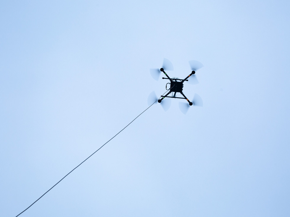 Tethered drone in flight for security purposes