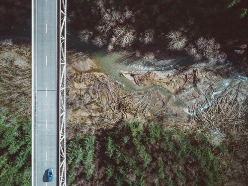 aerial of bridge, crossing a river